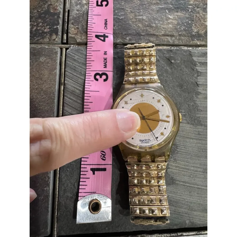 Vintage 1991 Swatch Swiss Watch | Gold Dial & Stretch Band | New Battery | Runs